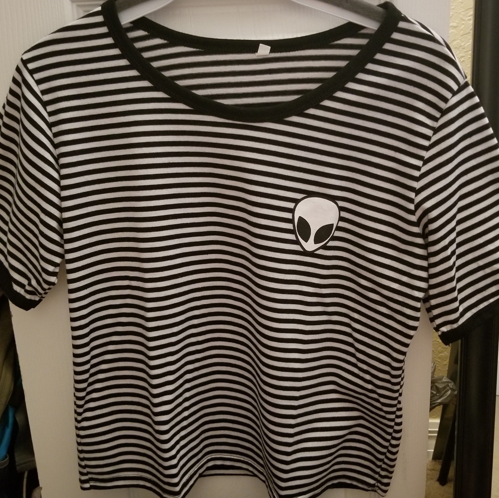 Black and white striped alien crop tee